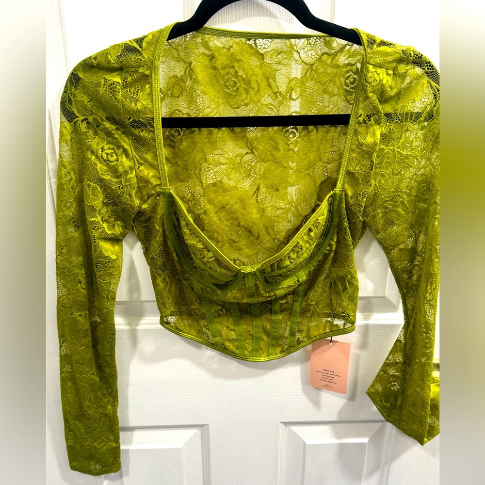 SHEIN BAE Bright Olive Lace Long Sleeve Corset Style Top. Size Lg should be Med